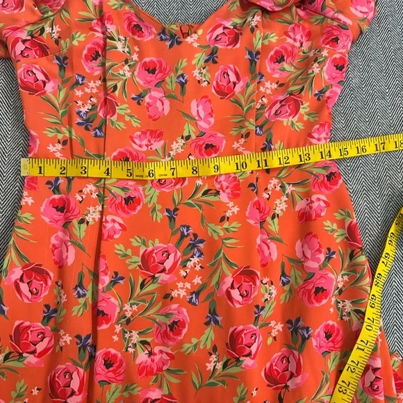 Anthropologie - Keepsake the Label - For Me Orange Floral Ruffle Trim Satin Gown - Picture 8 of 9